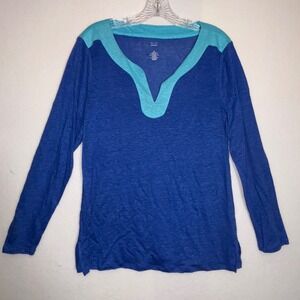 BLUE Saks Fifth Avenue Women's Blue‎ Turquoise V-Neck Linen Tunic Top XL